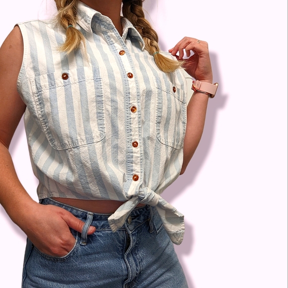 Vintage Tops - VINTAGE y2k Cropped Tie Front Striped Top Blue White 100% Cotton Size large